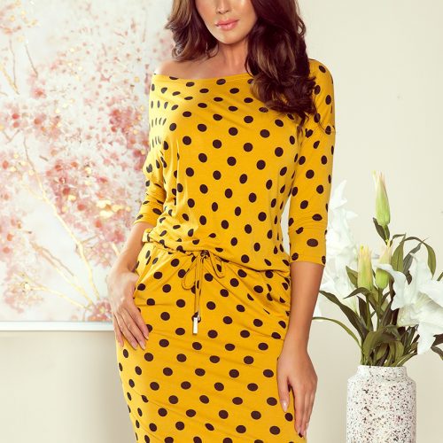 13-106 Sports dress with binding and pockets – mustard color + polka dots