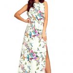 191-6 Long dress tied at the neck – colorful roses and blue birds