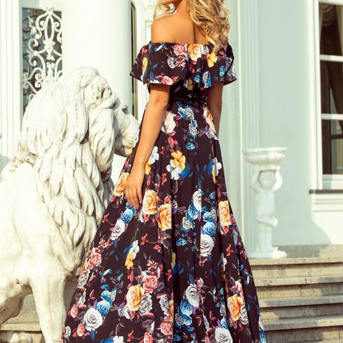 194-3 Long dress with frill – black + colorful flowers
