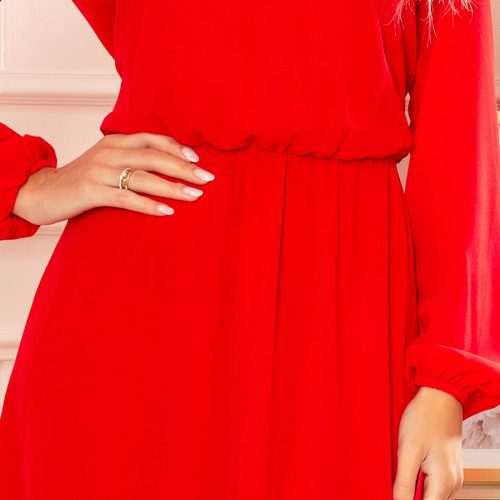 304-3 Chiffon midi dress with a neckline and frill – Red