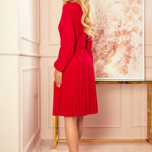 313-5 ISABELLE Pleated dress with neckline and long sleeve – Red Sale