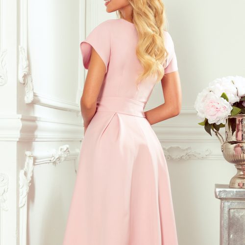 348-1 SCARLETT – flared dress with a neckline – powder pink Sale