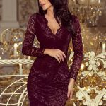 170-10 Lace dress with long sleeves and a neckline – dark plum