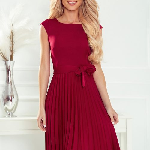 311-11 LILA Pleated dress with short sleeves – burgundy