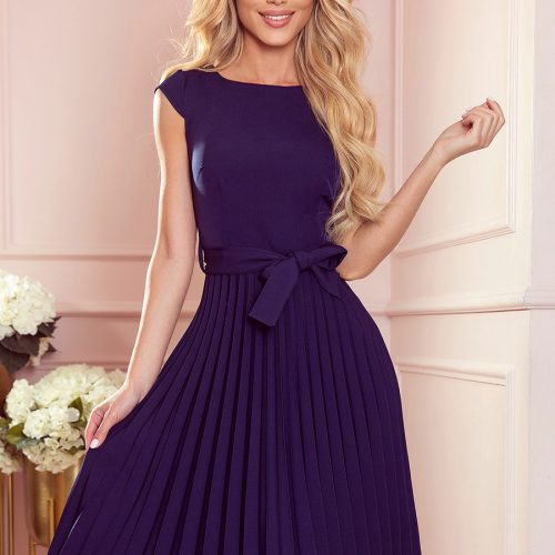 311-12 LILA Pleated dress with short sleeves – navy blue